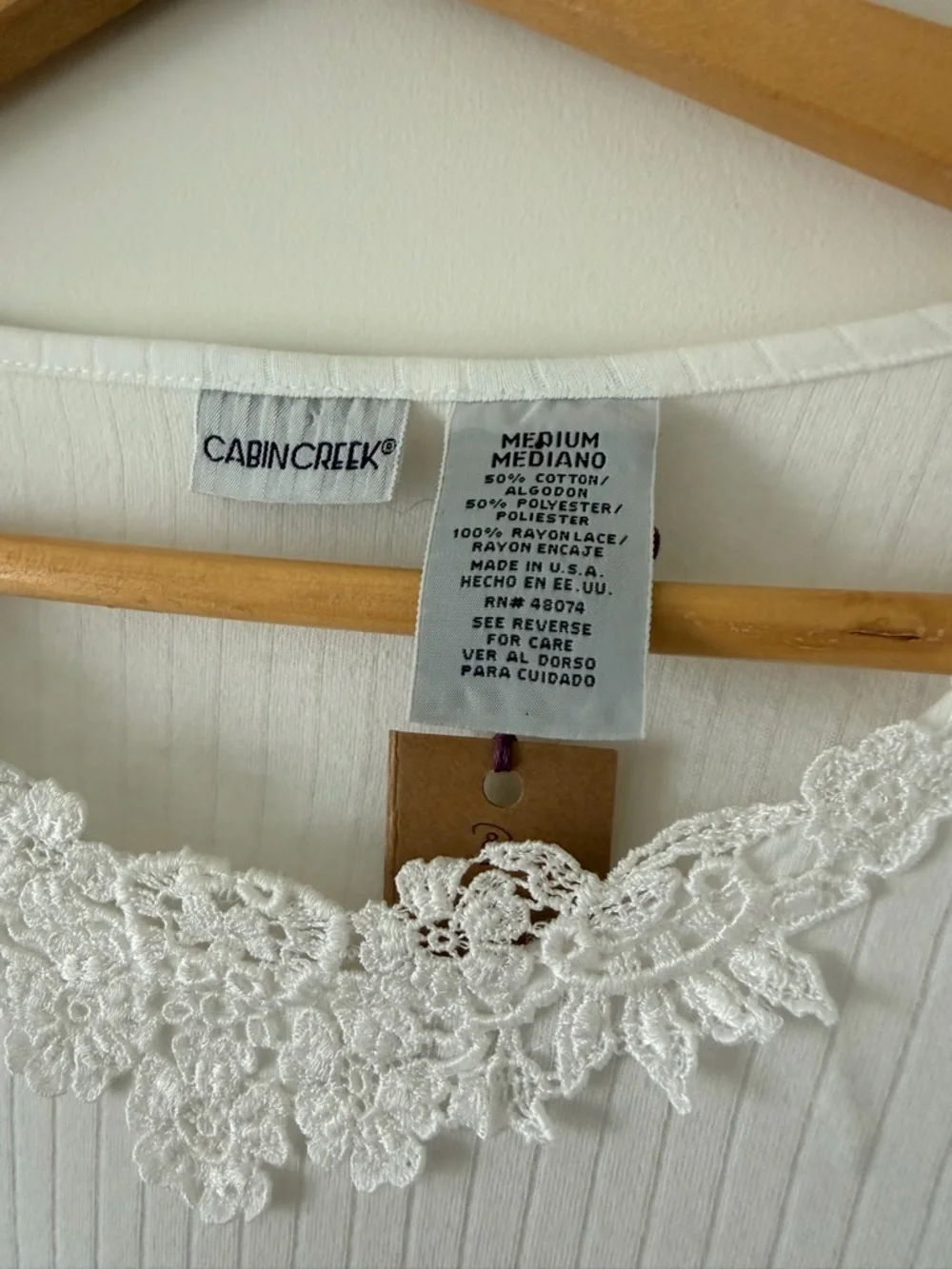 Vintage Cabin Creek White Ribbed Short Sleeve Top with Lace Trim